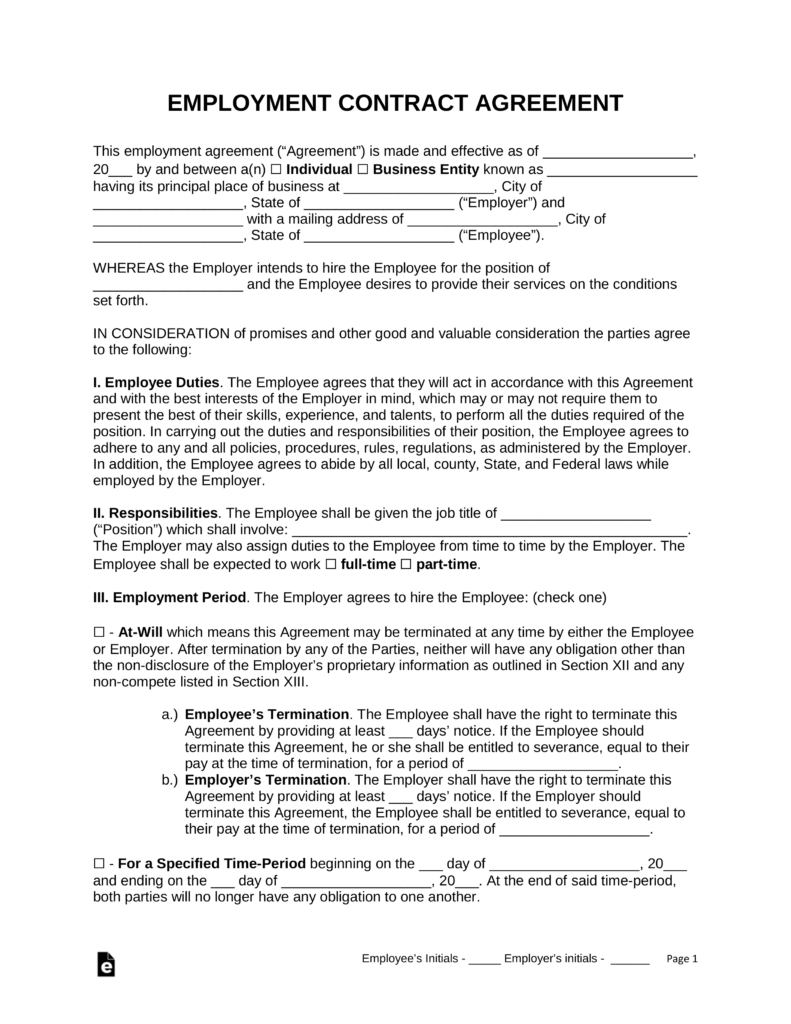 Agreement With Employee Free Employment Contract Agreement Pdf Word Eforms Free