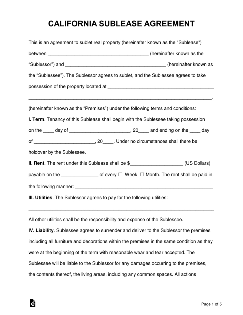 California Commercial Sublease Agreement Free California Sublease Agreement Template Word Pdf Eforms