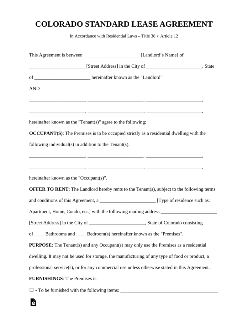 Colorado Residential Lease Agreement Free Colorado Standard Residential Lease Agreement Template Pdf