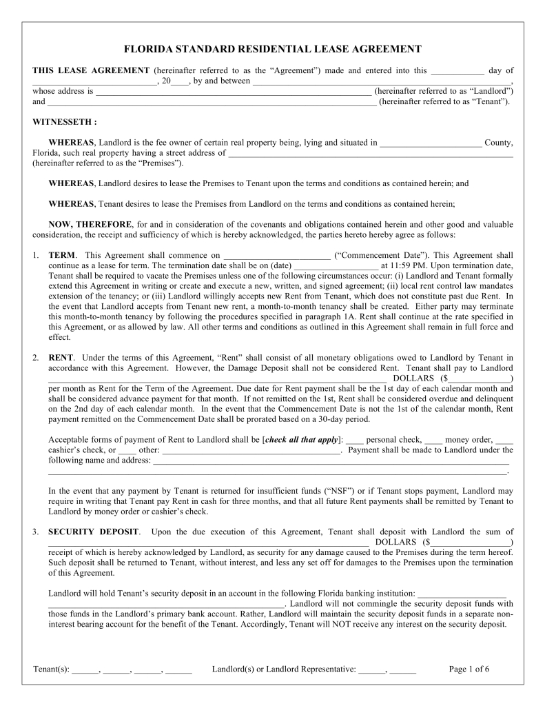 Florida Lease Agreement Free Florida Standard Residential Lease Agreement Template Word
