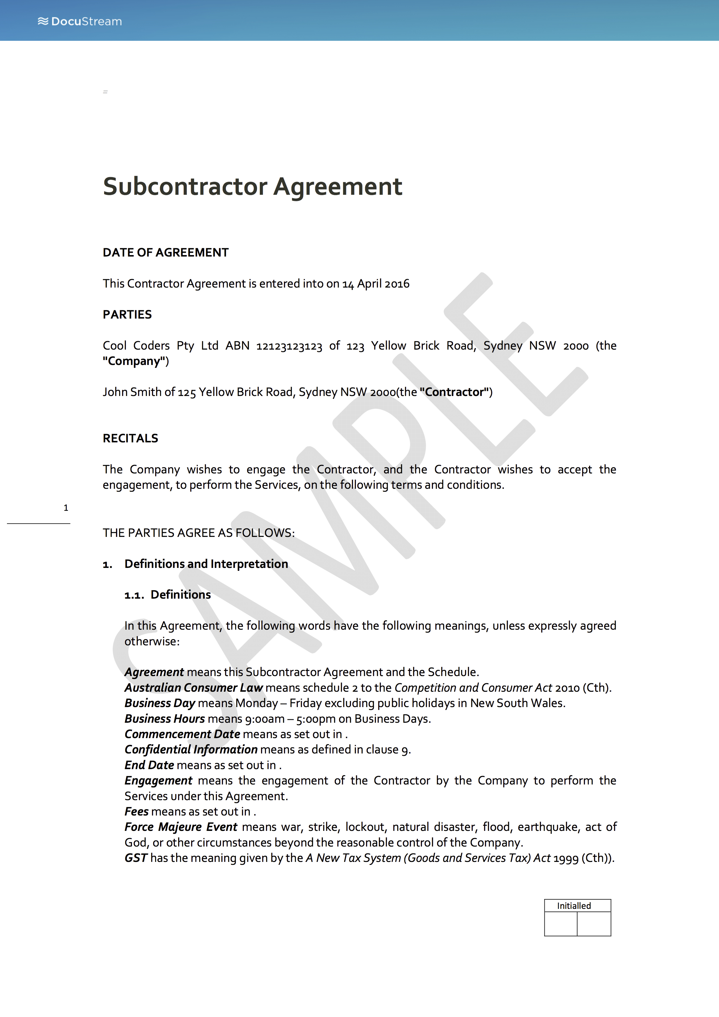 Free Subcontractor Agreement Template Australia Printable Subcontractor Agreement Template Sample Forms Contracts