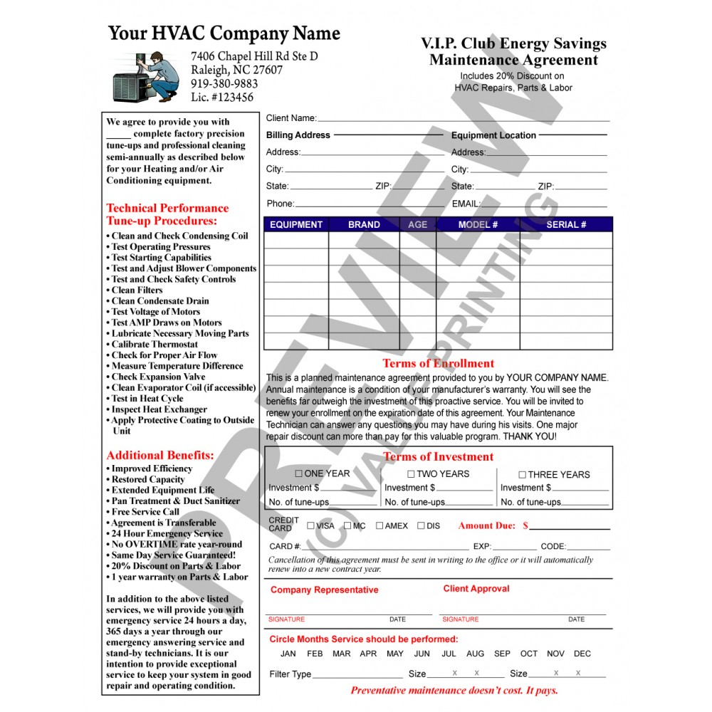 Hvac Service Agreement Hvac Service Maintenance Agreement Contract Form Hvac Sticker