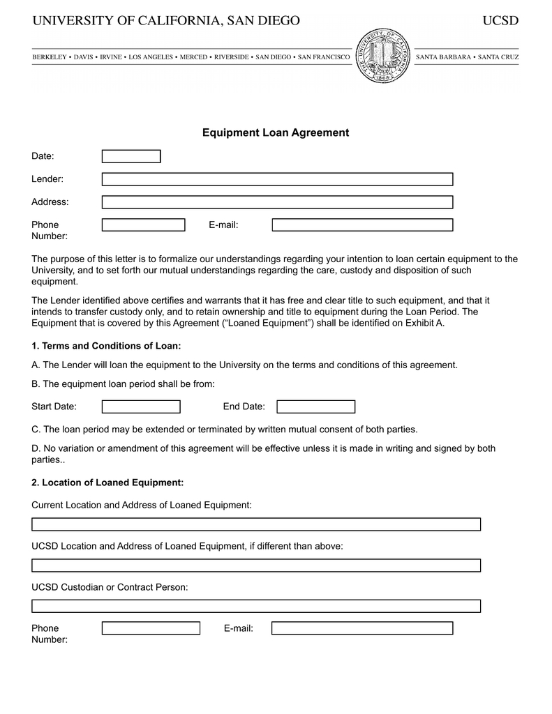 Loan Of Equipment Agreement Equipment Loan Agreement