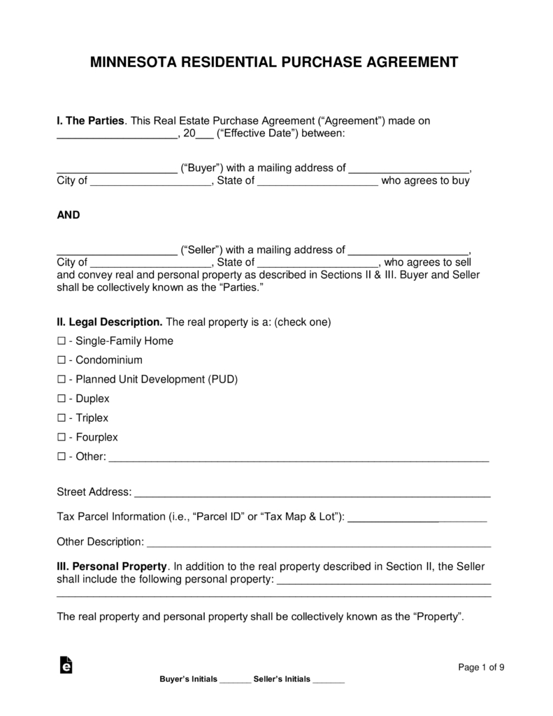 Minnesota Purchase Agreement Free Minnesota Residential Purchase And Sale Agreement Word Pdf