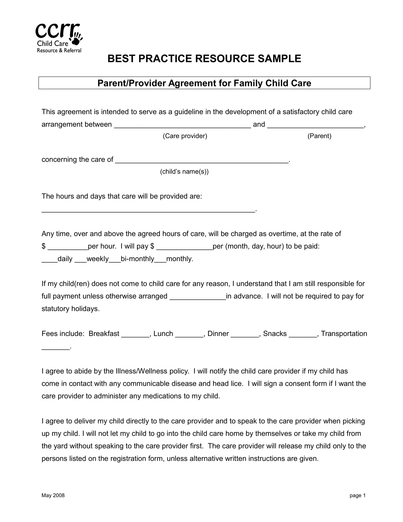 Parent Child Care Provider Agreement 8 Child Care Contract Example Templates Docs Word Pages Examples