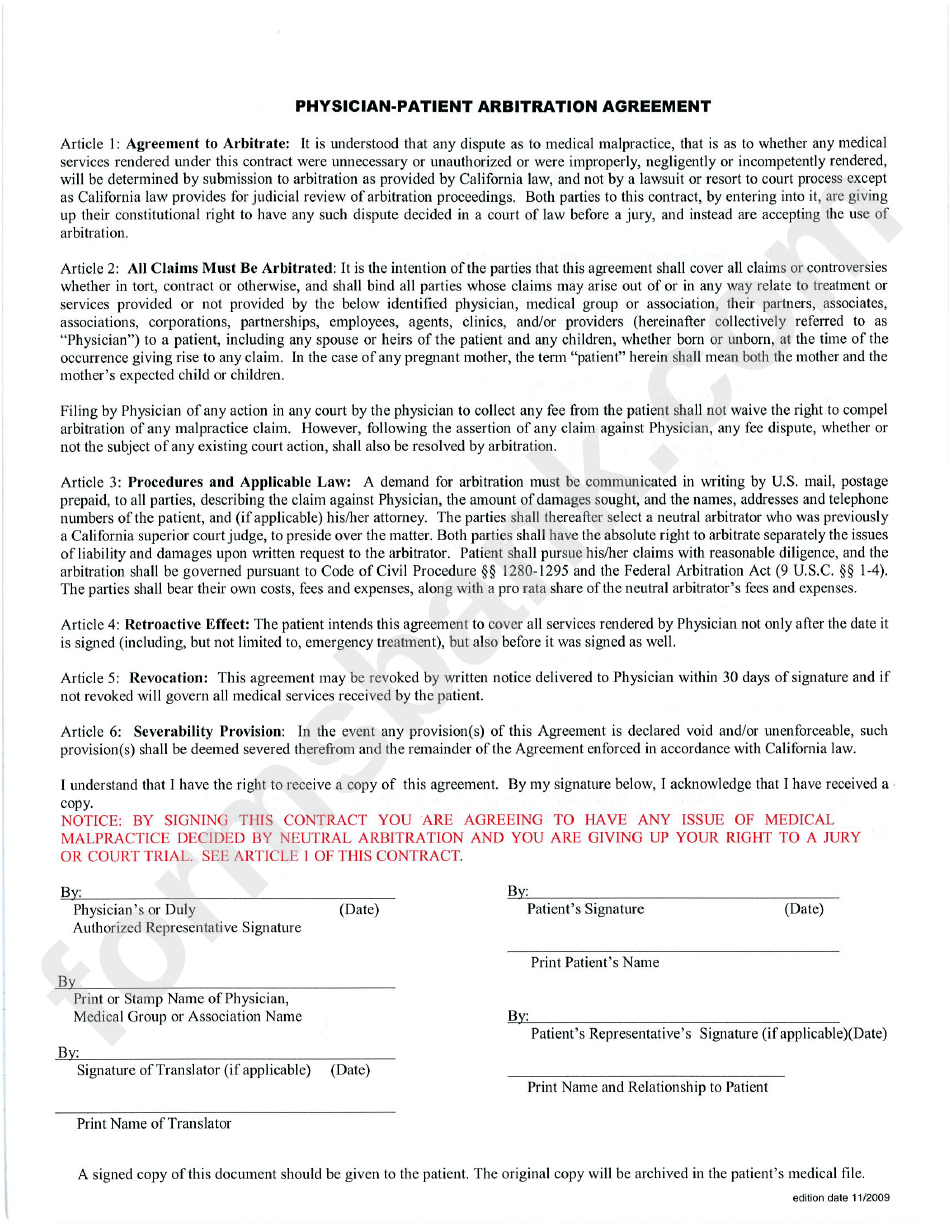 Physician Patient Arbitration Agreement California Physician Patient Arbitration Agreement Form Printable