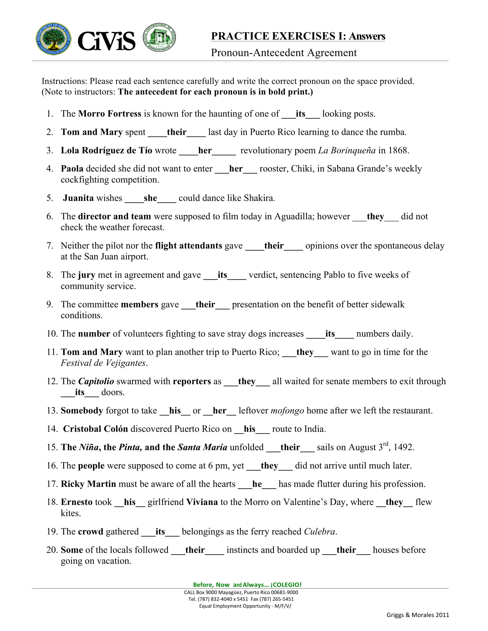 Pronouns And Antecedents Worksheet Answers