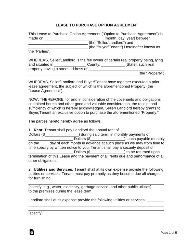 Rent To Own Agreement Sample Free Residential Lease With An Option To Purchase Agreement Pdf
