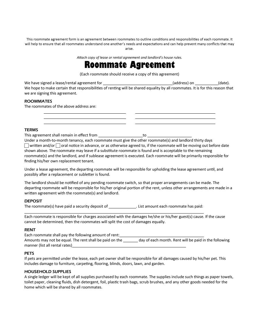 Roommate Agreement Template Word 40 Free Roommate Agreement Templates Forms Word Pdf