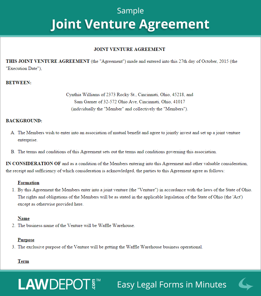 Sample Joint Venture Agreement Between Two Companies Joint Venture Agreement Free Joint Venture Forms Us Lawdepot