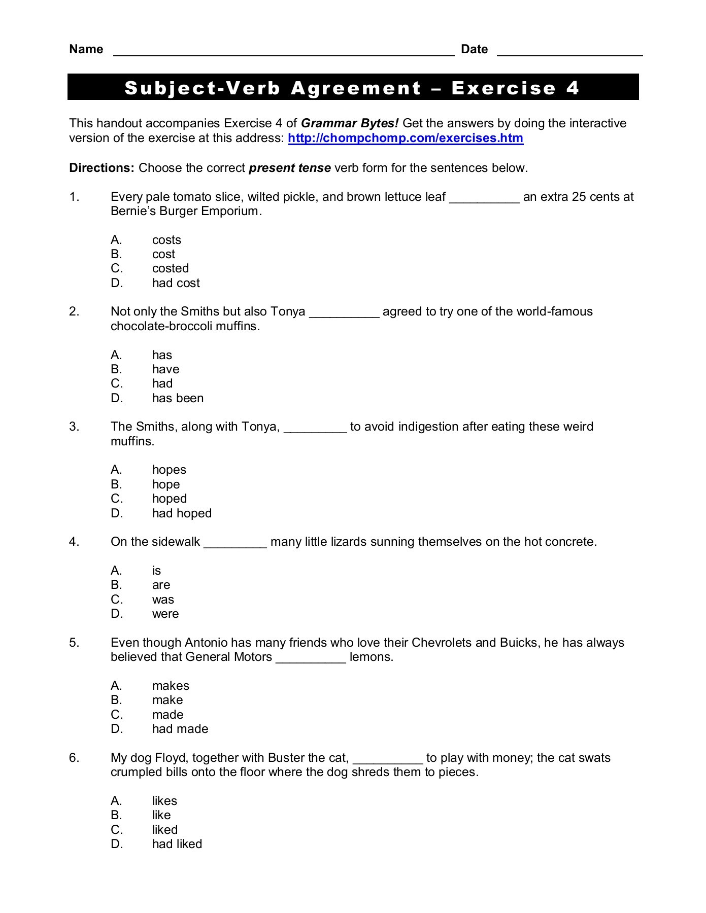 Inspired Image Of Subject Verb Agreement Quiz With Answer Keys 