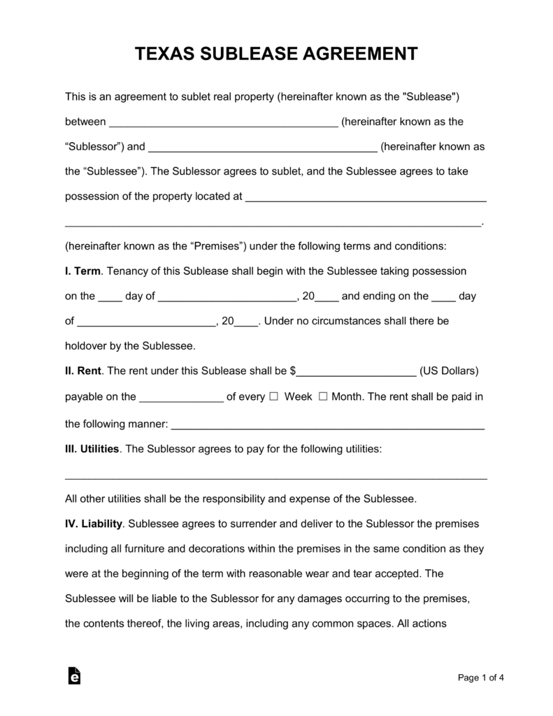 Texas Sublease Agreement Free Texas Sublease Agreement Form Pdf Word Eforms Free