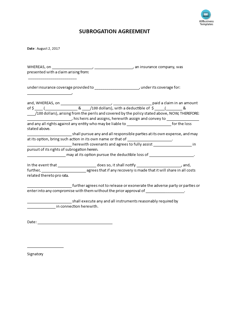 What Is A Subrogation Agreement Subrogation Agreement Template Templates At Allbusinesstemplates