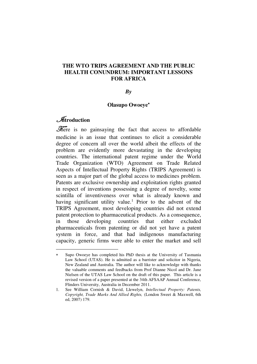 A Handbook On The Wto Trips Agreement Pdf The Wto Trips Agreement And The Public Health Conundrum