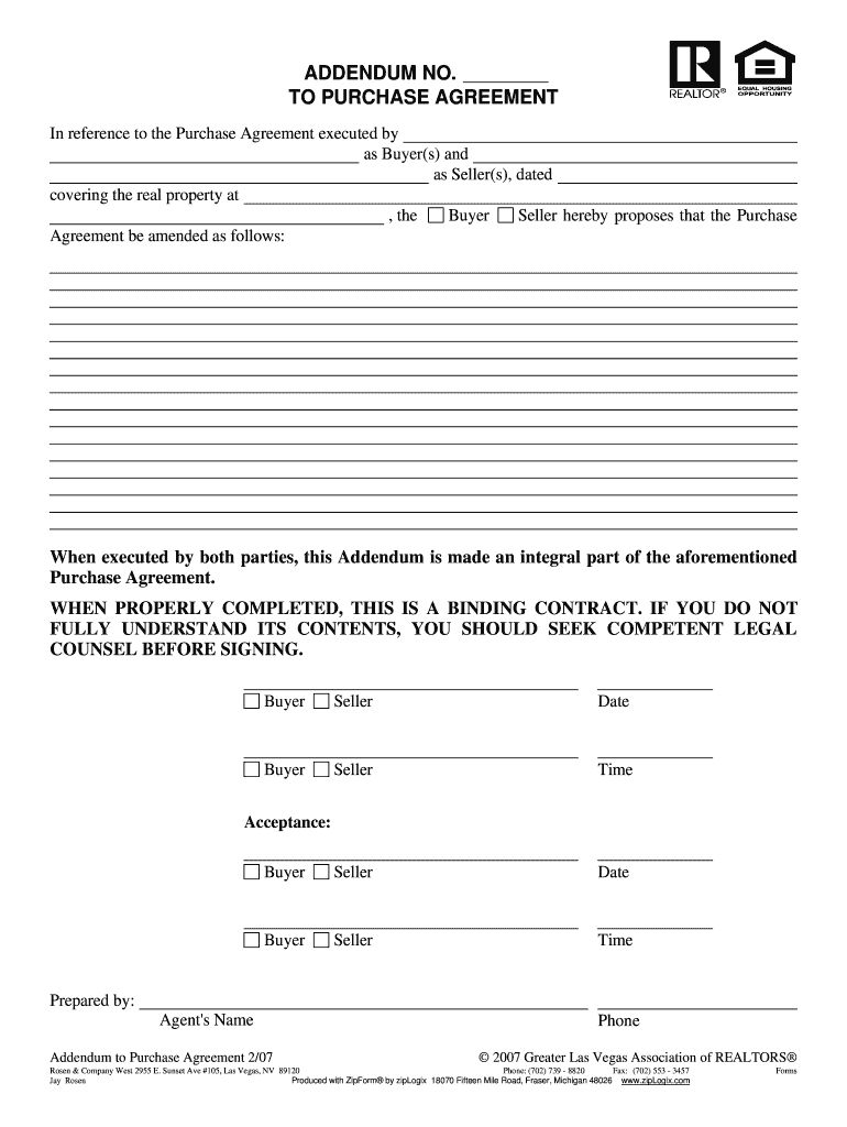 Addendum To Purchase Agreement Blank Real Estate Contract Addendum Az 