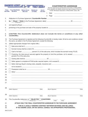 Addendum To Purchase Agreement Counter Offer Addendum Minnesota Fill Online Printable Fillable