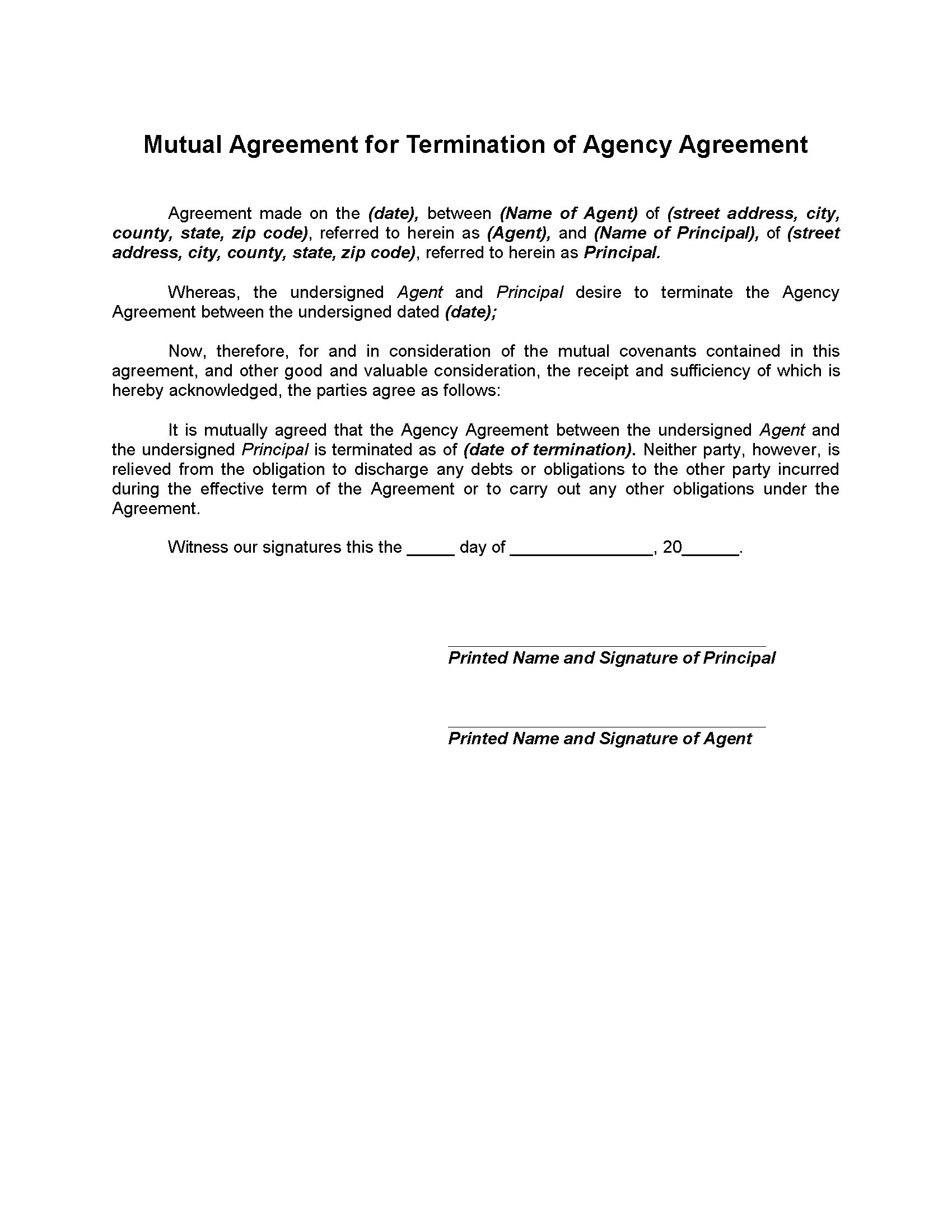 Agency Agreement Draft Mutual Termination Of Agency Agreement Legal Forms And Business
