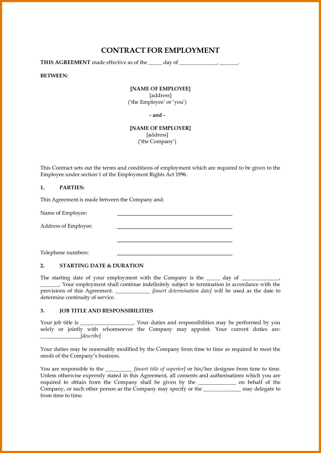 Agreement With Employee 010 Free Employee Contract Templates Template Ideas Undertaking