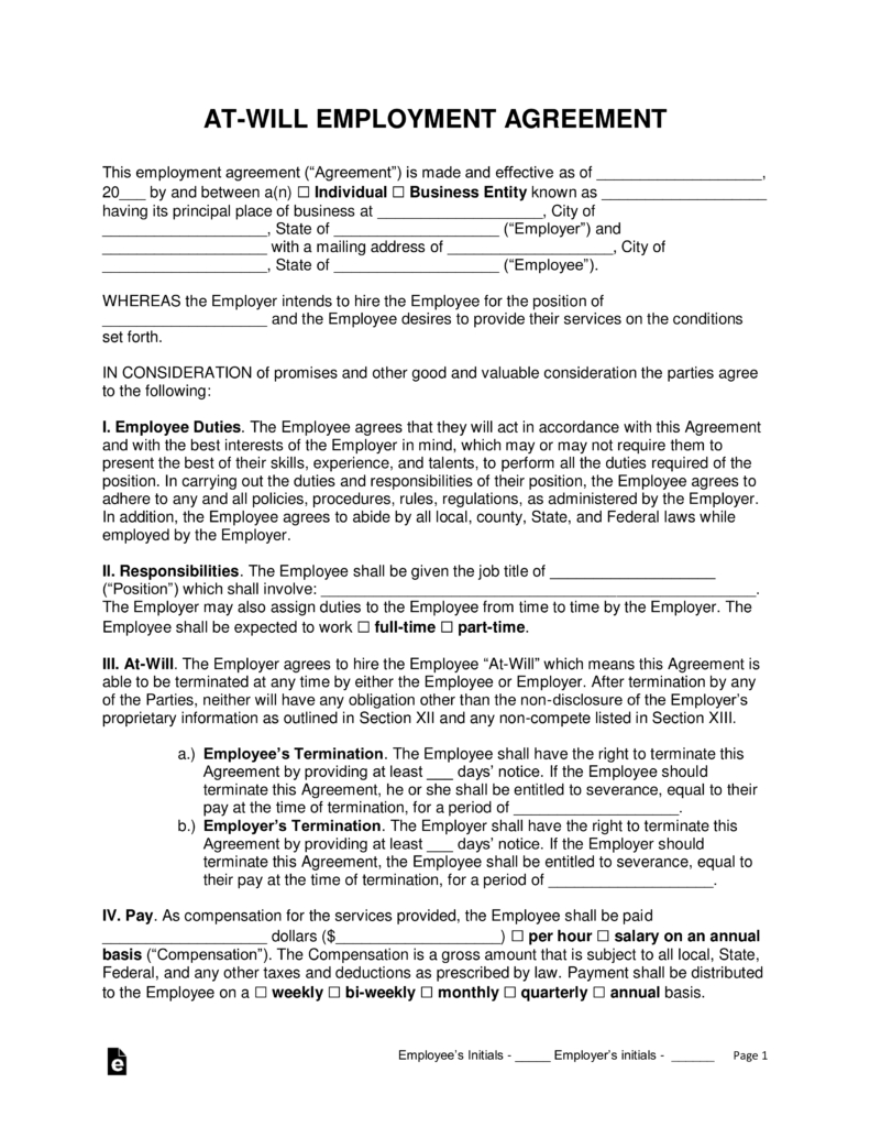 Agreement With Employee At Will Employment Contract Template Eforms Free Fillable Forms