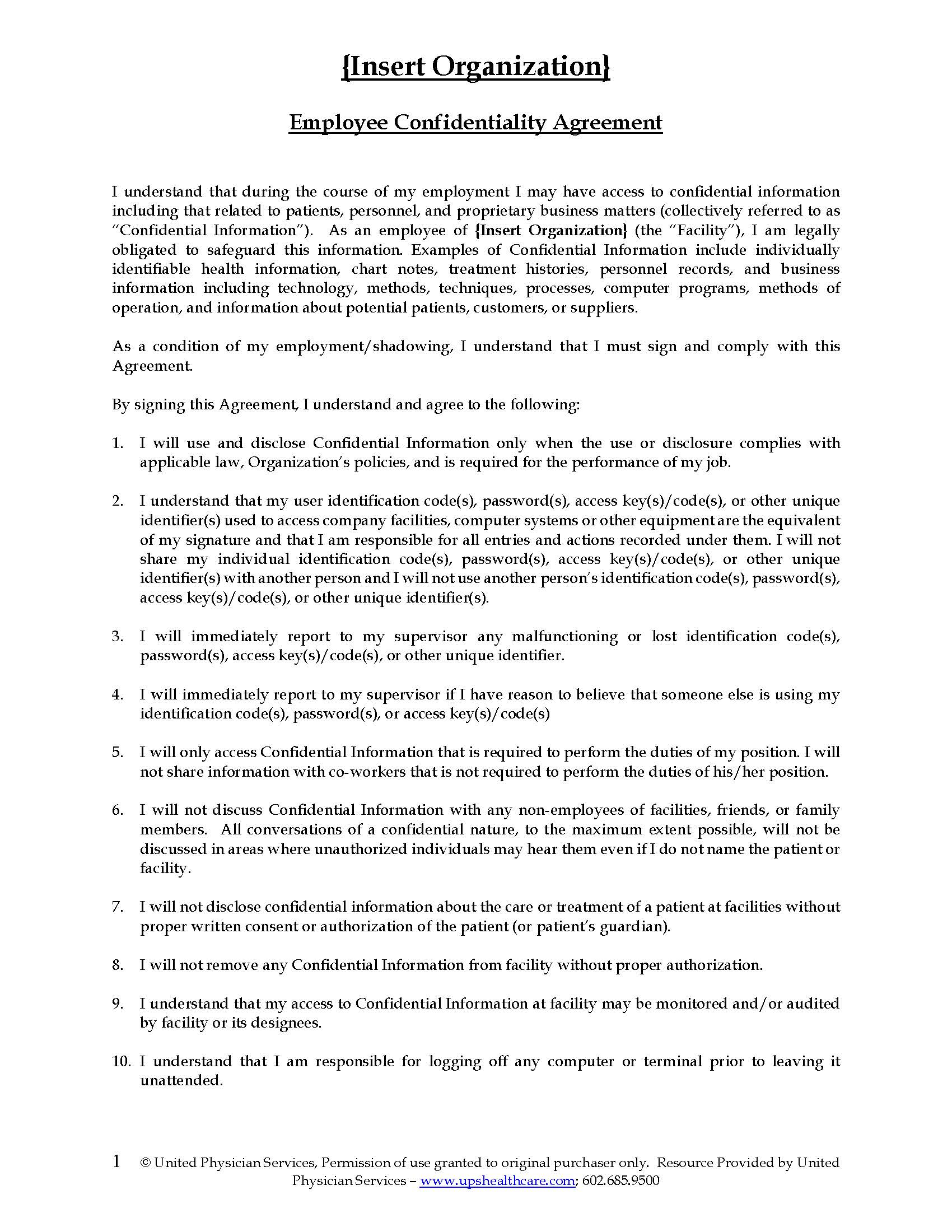 Agreement With Employee Employee Confidentiality Agreement