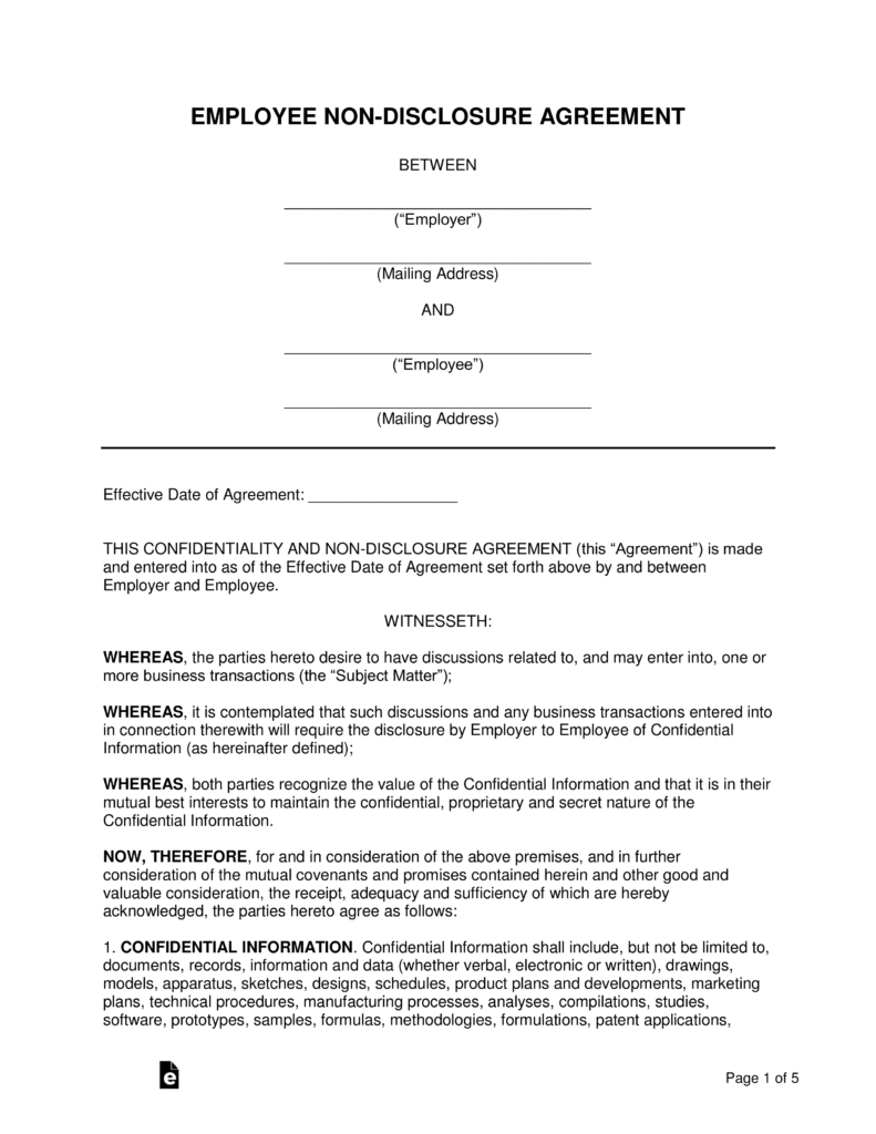 Agreement With Employee Employee Non Disclosure Agreement Nda Template Eforms Free