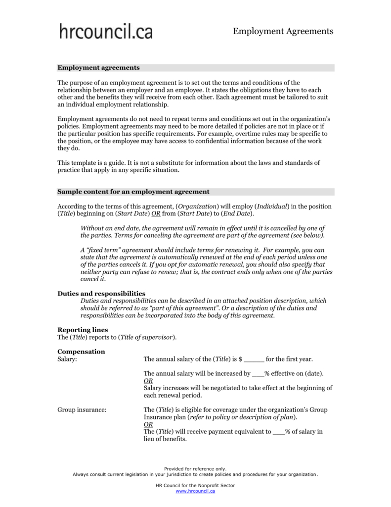 Agreement With Employee Employment Agreement Template Hr Council For The Nonprofit