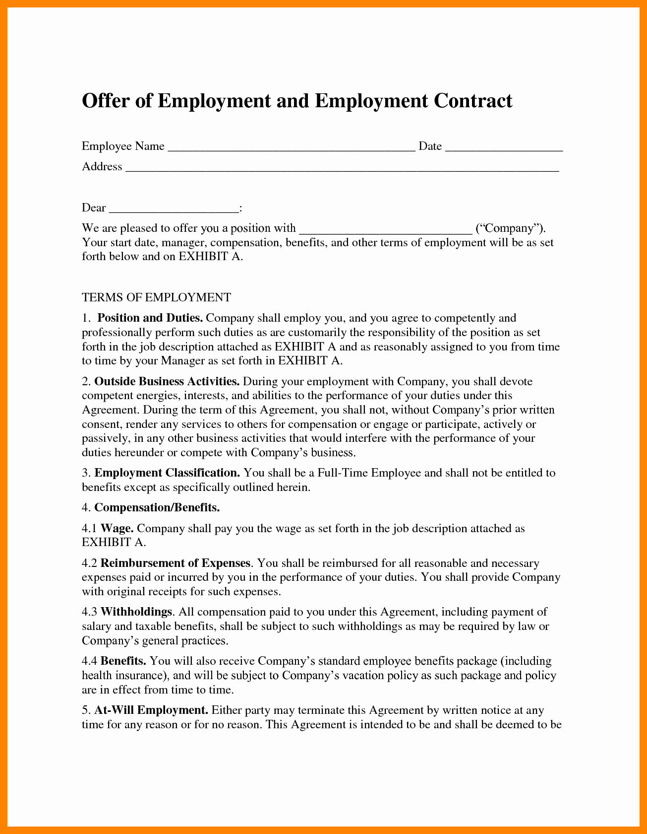 Agreement With Employee Employment Agreement Template Word Template Modern Design