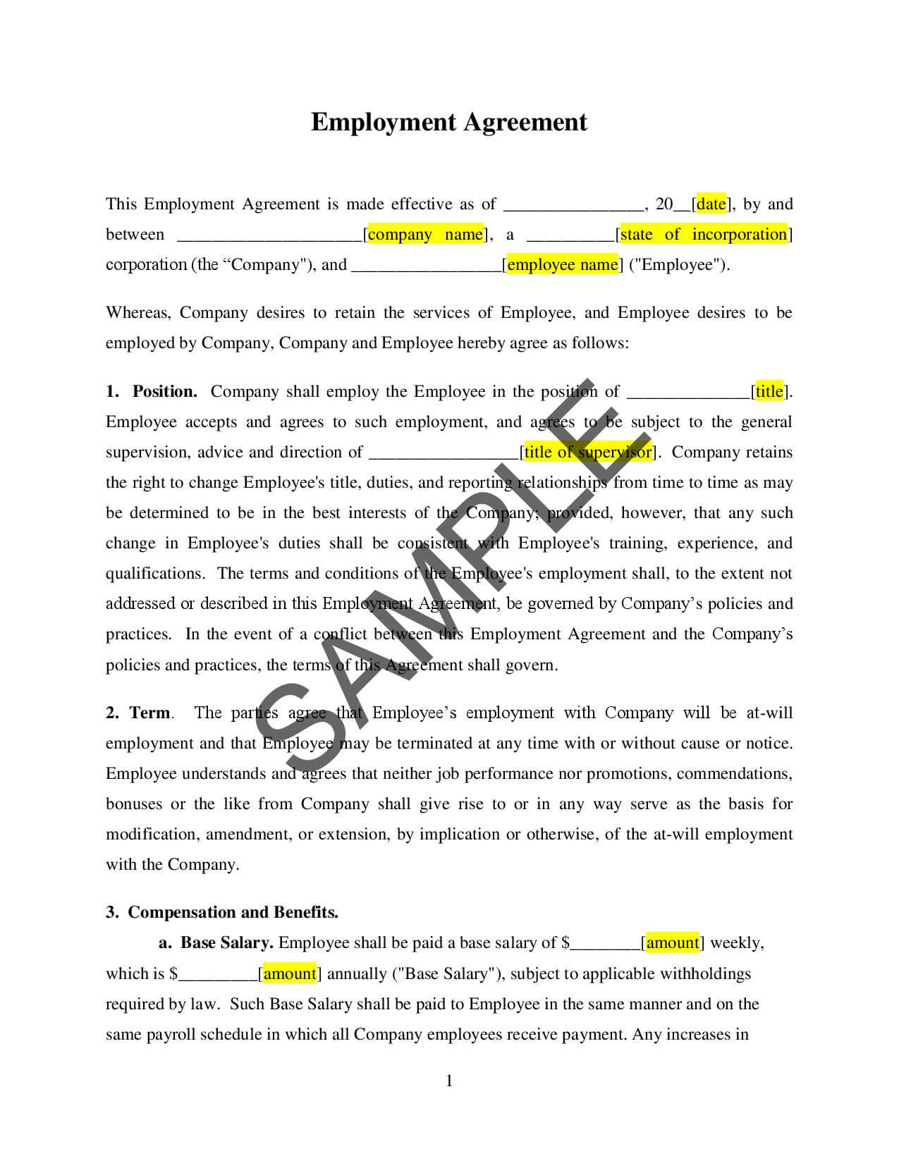Agreement With Employee Employment Contract For At Will Employees