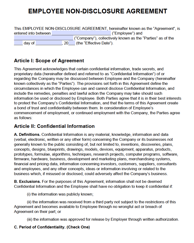 Agreement With Employee Free Employee Non Disclosure Agreement Nda Pdf Word Docx