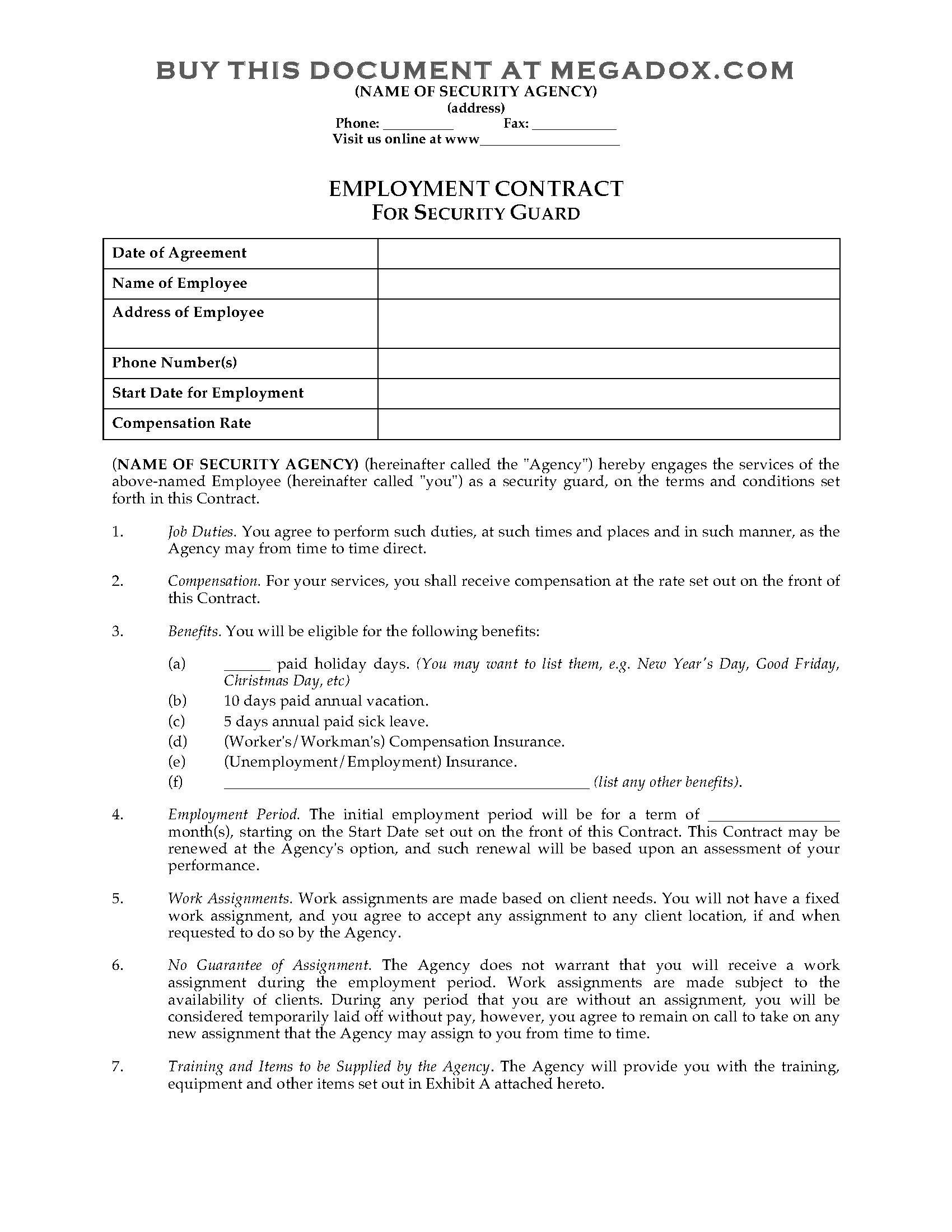 Agreement With Employee Security Guard Employment Contract