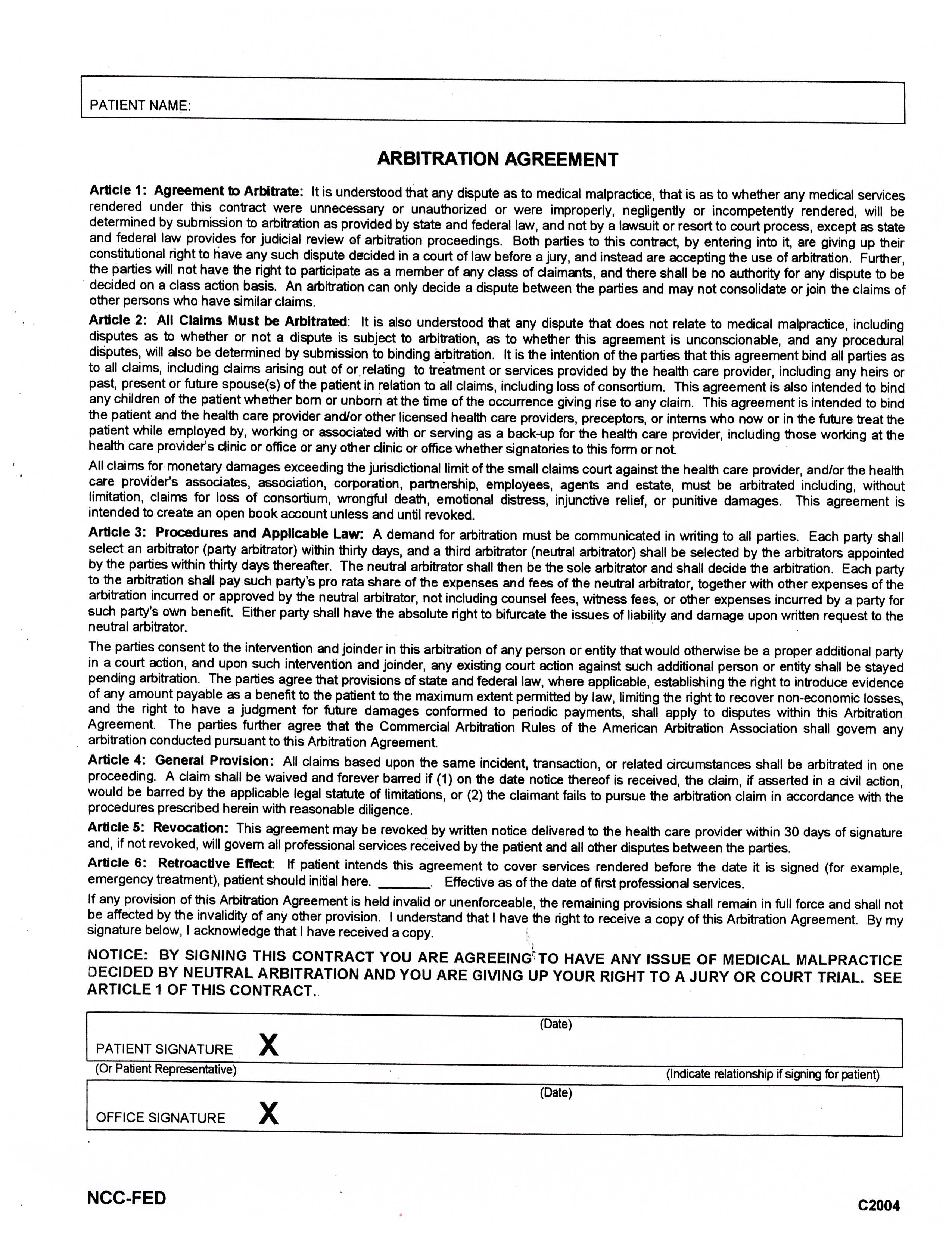 Arbitration Agreement Form A Woodall Dcpgilmartin Dc Chiropractor In Westlake Village Ca