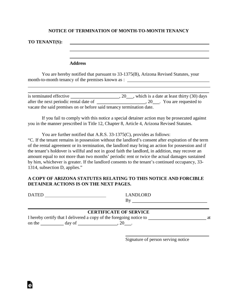 Arizona Rental Agreement Form Arizona Lease Termination Letter Template 30 Day Notice Eforms