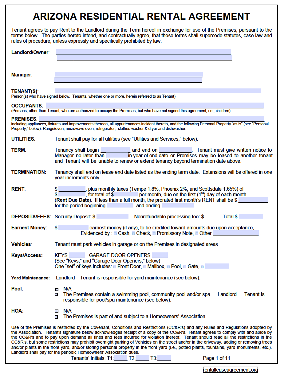 Arizona Rental Agreement Form Free Arizona Residential Lease Agreement Pdf Template