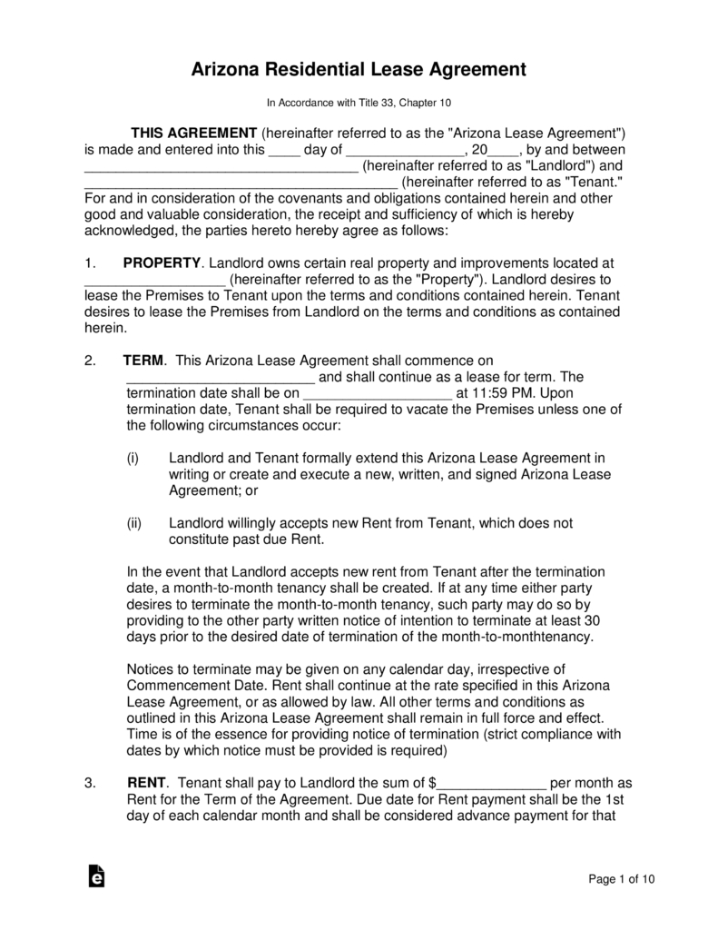 Arizona Rental Agreement Form Free Arizona Standard Residential Lease Agreement Template Word
