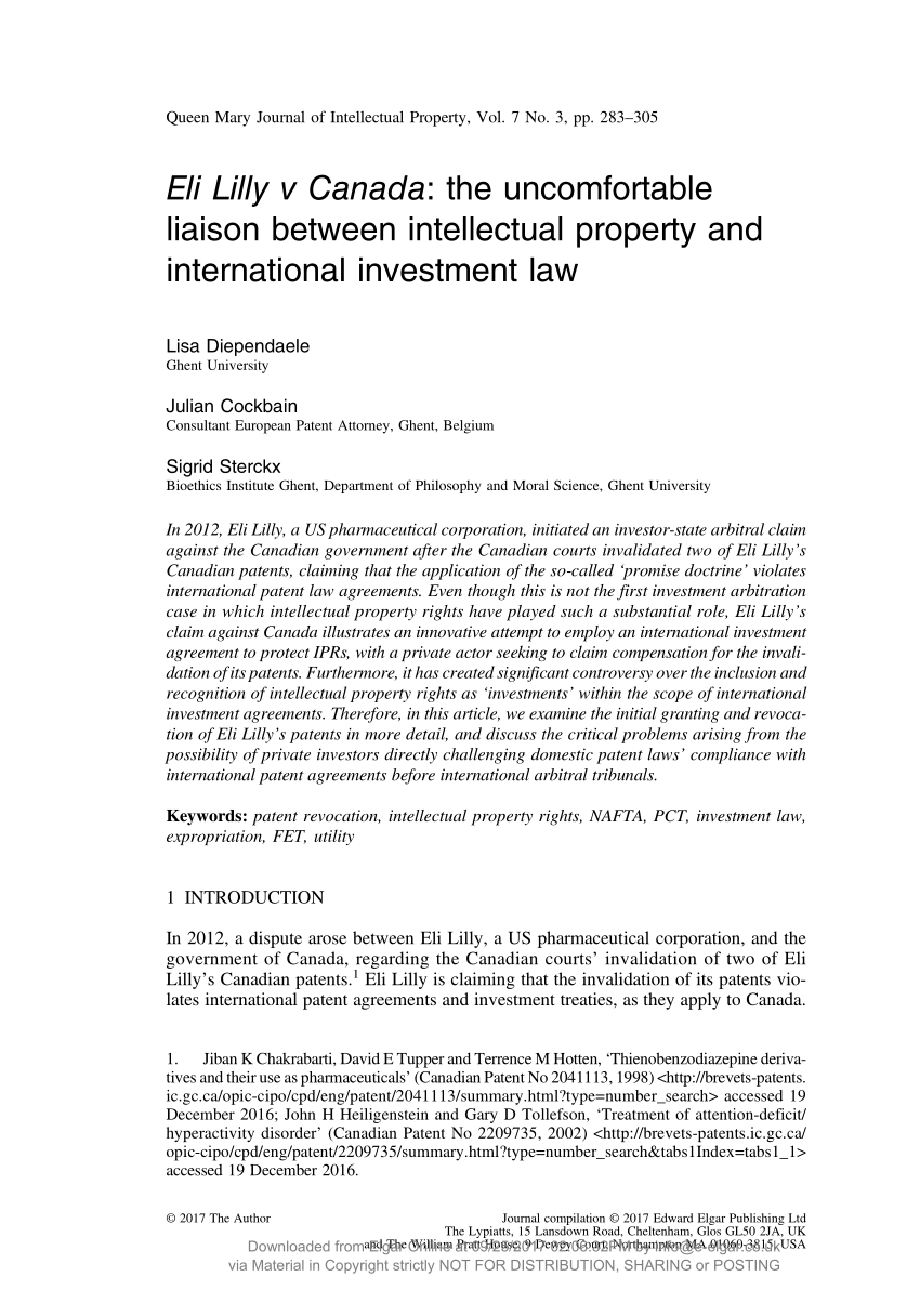 Assignment Of Intellectual Property Agreement Pdf Eli Lilly V Canada The Uncomfortable Liaison Between