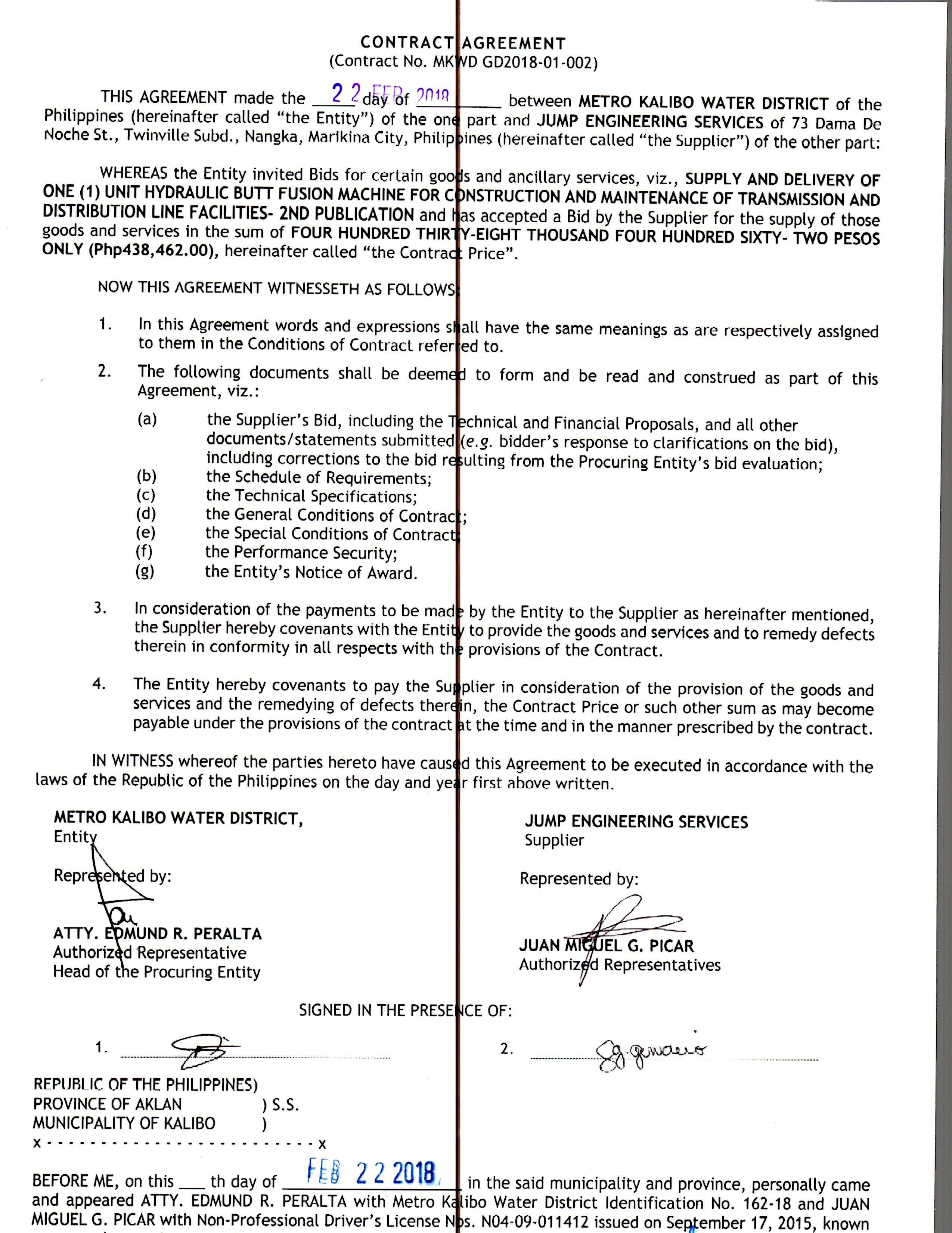 Bulk Water Supply Agreement Invitations And Notices Metro Kalibo Water District