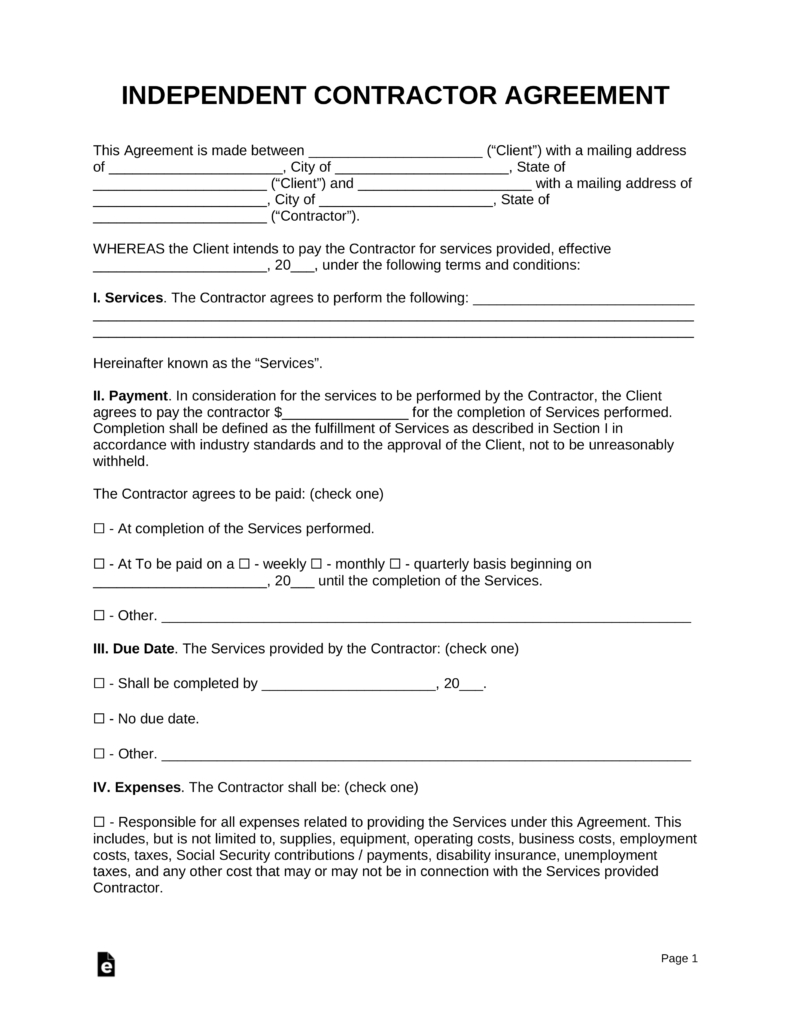 Business Contract Agreement Free Independent Contractor Agreement Template Pdf Word Eforms