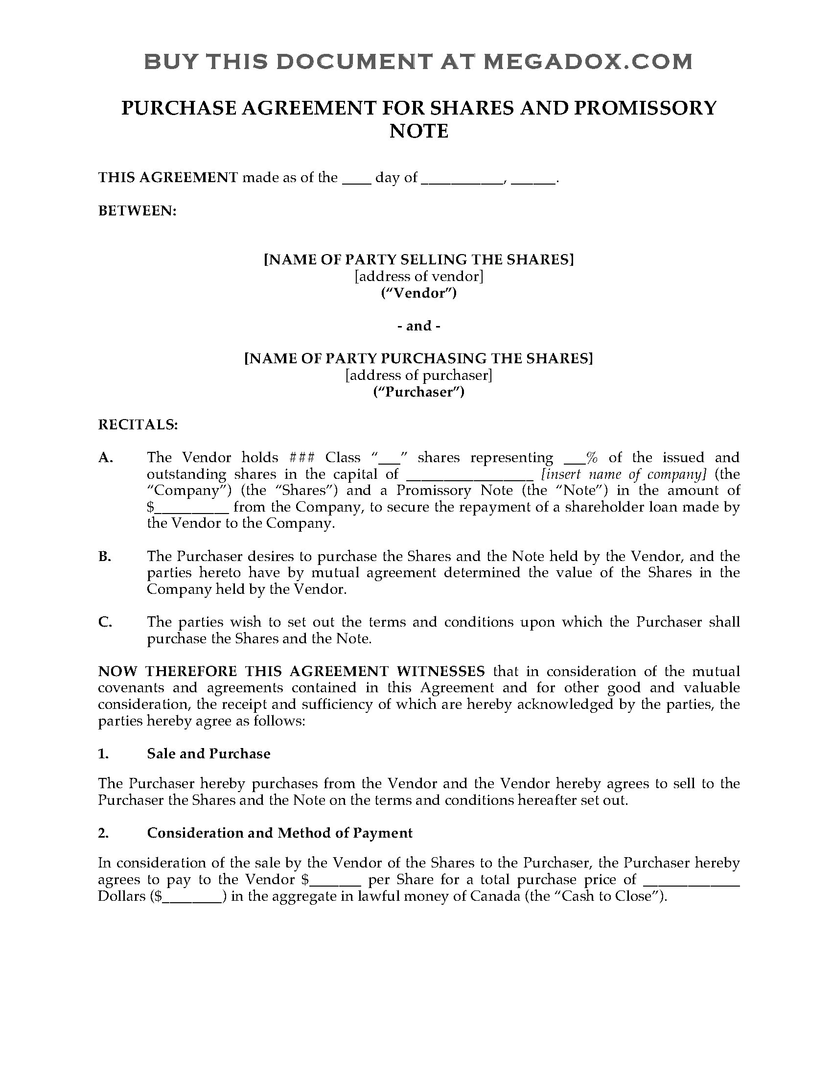 Business Transfer Agreement Canada Purchase Agreement For Shares Promissory Note