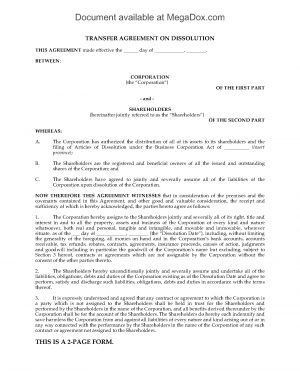 Business Transfer Agreement Canada Transfer Agreement On Dissolution