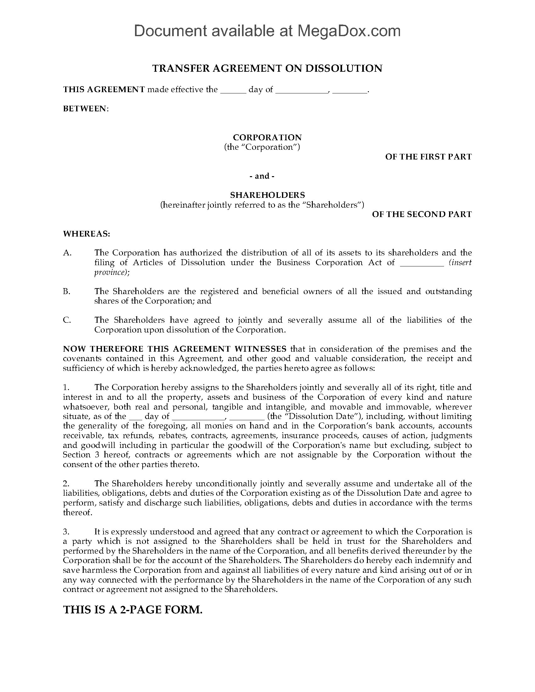 Business Transfer Agreement Canada Transfer Agreement On Dissolution