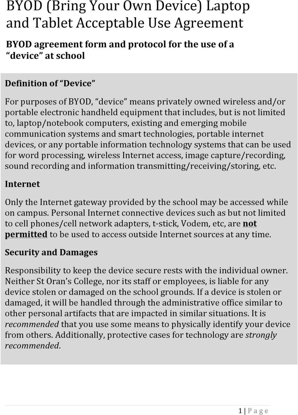 Byod Agreement Form Od Bring Your Own Device Laptop And Tablet Acceptable Use