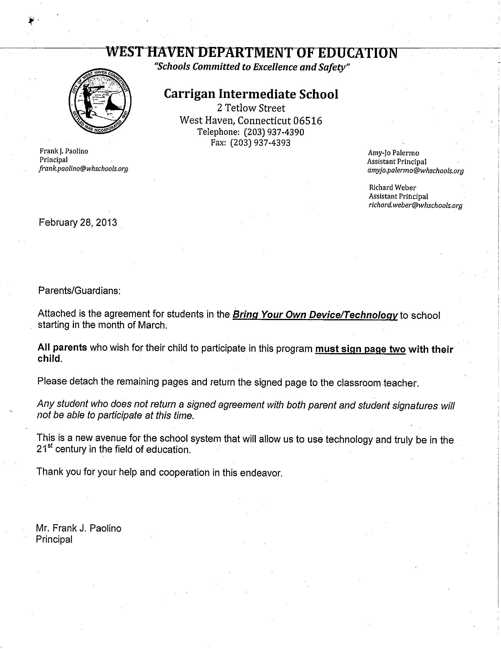 Byod Agreement Form Od Bring Your Own Device May V Carrigan Intermediate School