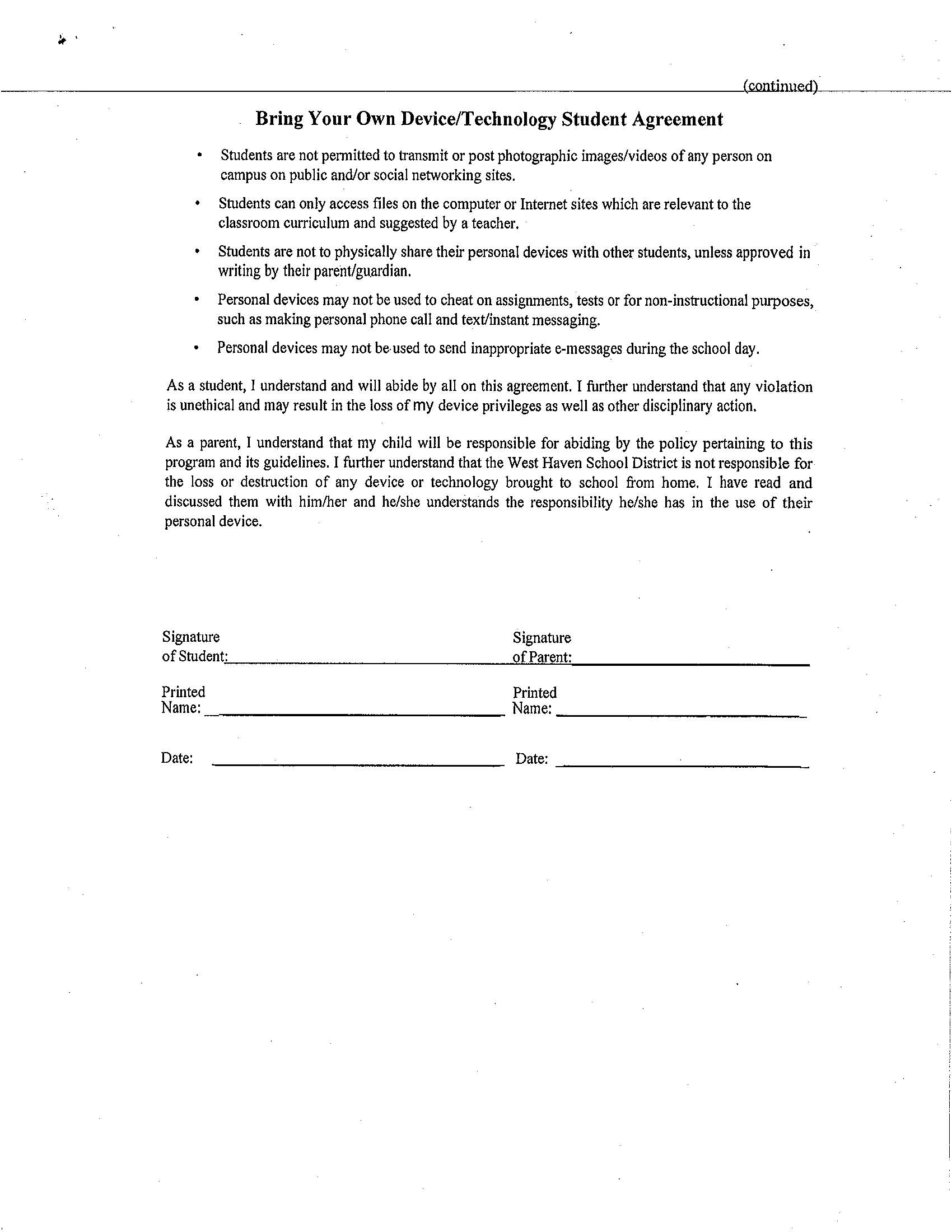 Byod Agreement Form Od Bring Your Own Device May V Carrigan Intermediate School