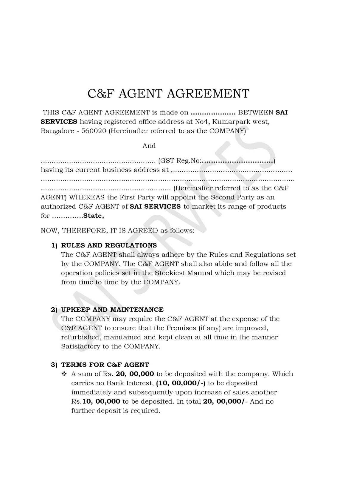 C & F Agent Agreement Sai Services Products