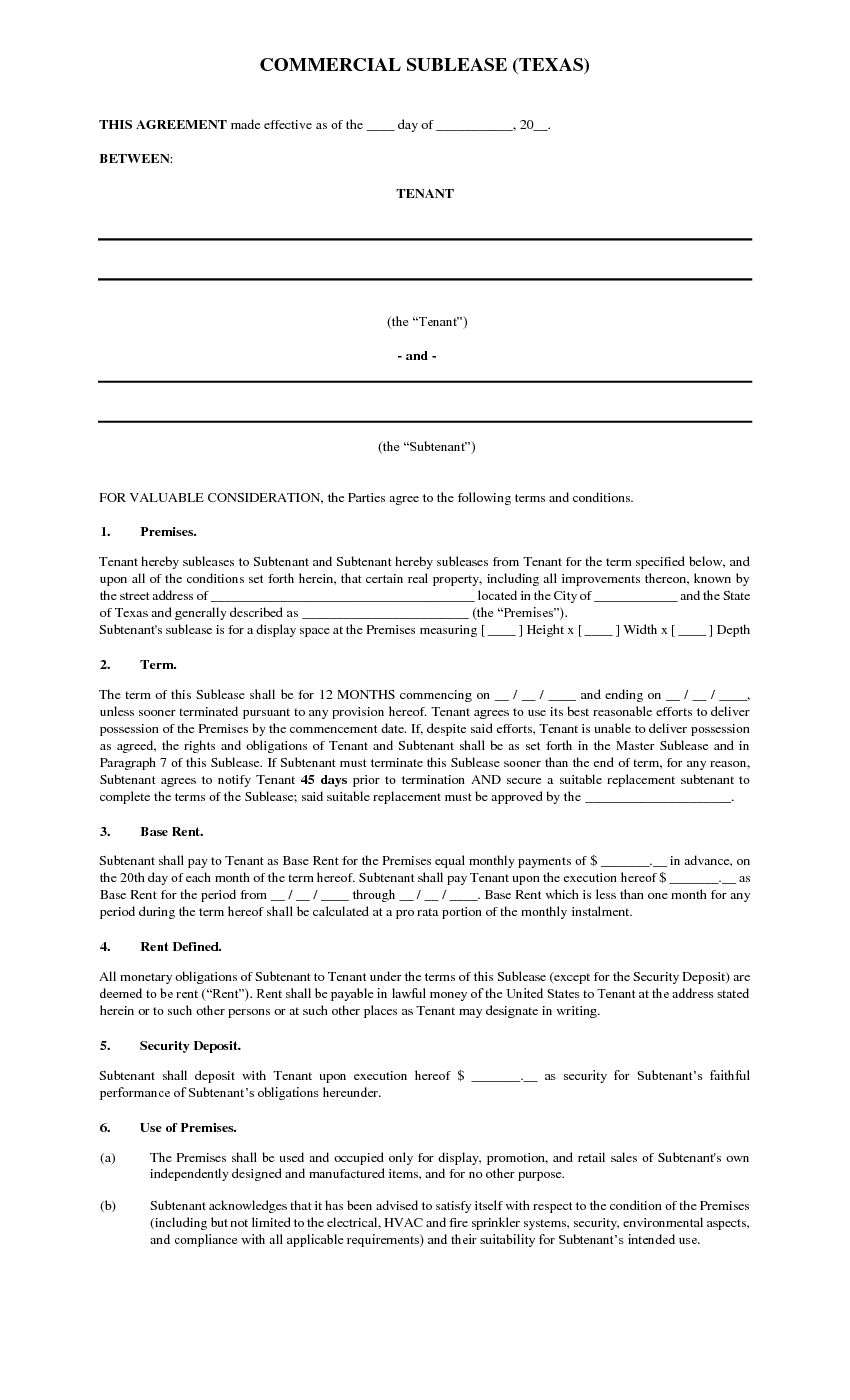 California Commercial Sublease Agreement Download Free Texas Sublease Agreement Commercial Printable