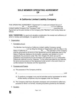 California Llc Operating Agreement California Single Member Llc Operating Agreement Form Eforms