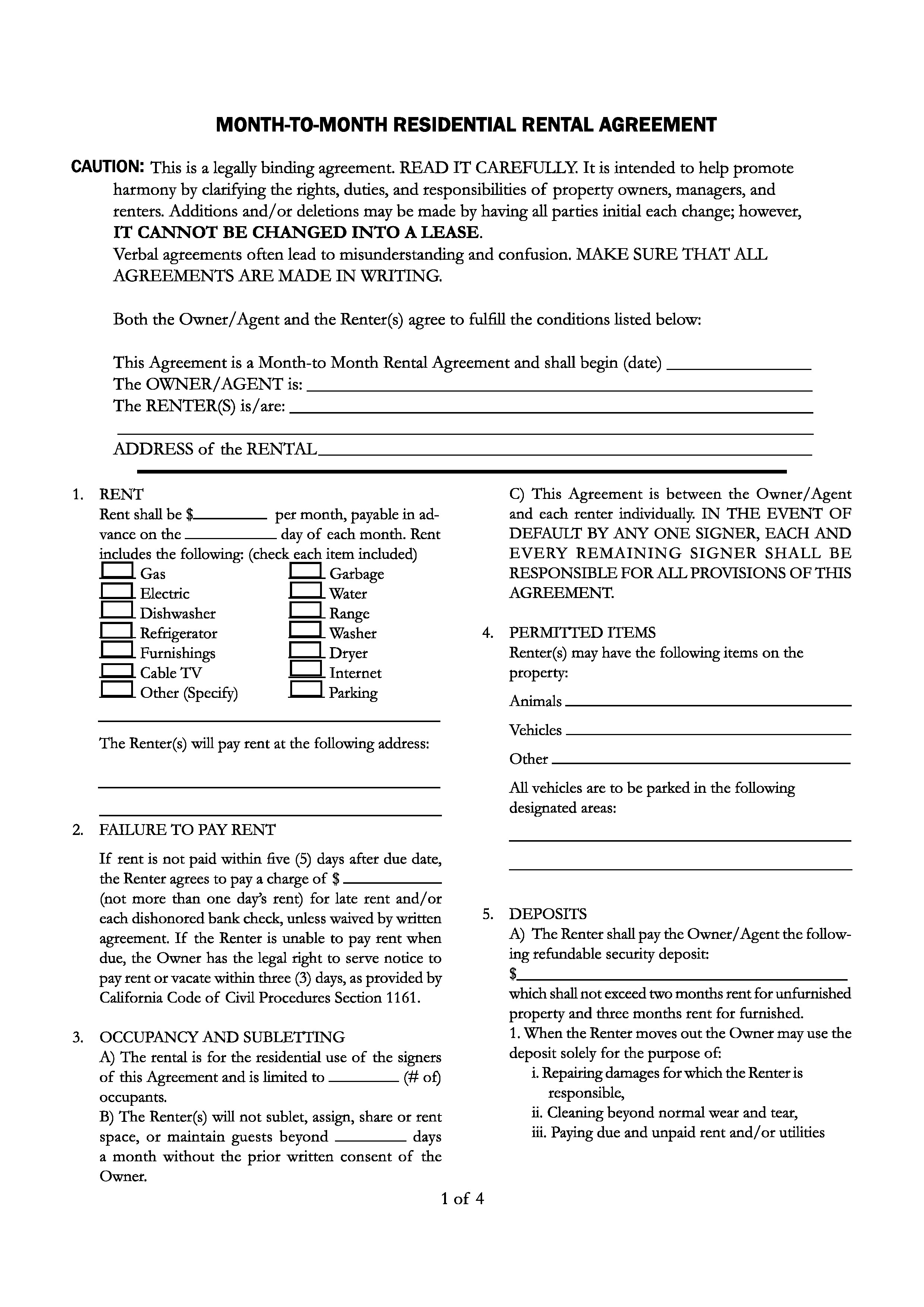 California Residential Lease Or Month To Month Rental Agreement Download Free California Month To Month Rental Agreement Printable