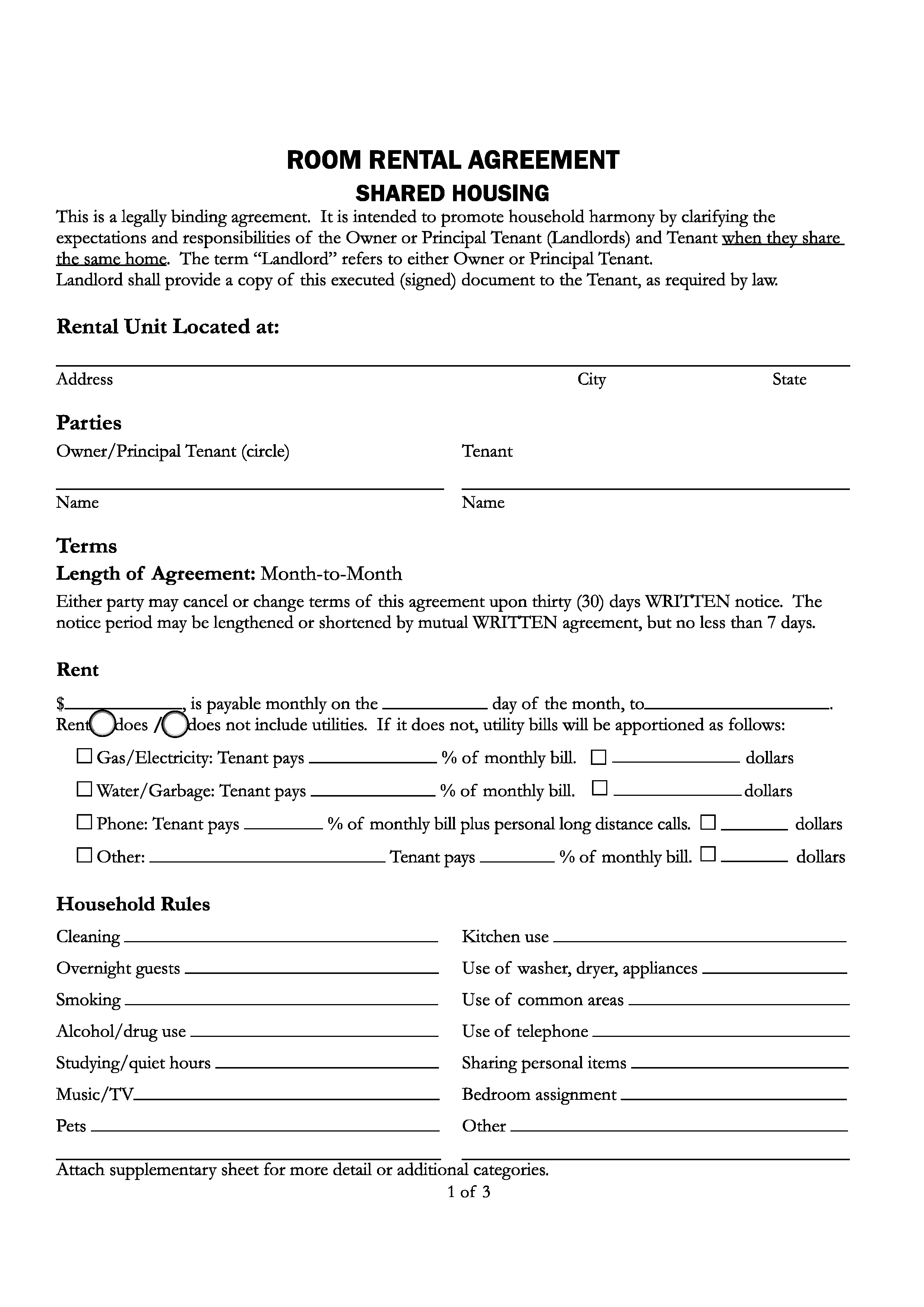 California Residential Lease Or Month To Month Rental Agreement Download Free California Room Rental Agreement Printable Lease