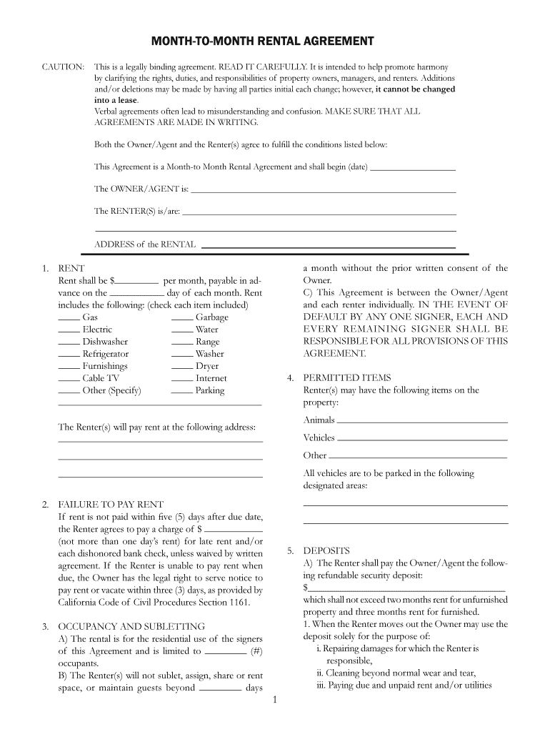 California Residential Lease Or Month To Month Rental Agreement Rental Agreement California Fill Online Printable Fillable