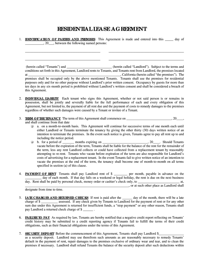California Residential Lease Or Month To Month Rental Agreement Simple One Page Lease Agreement Fill Online Printable Fillable